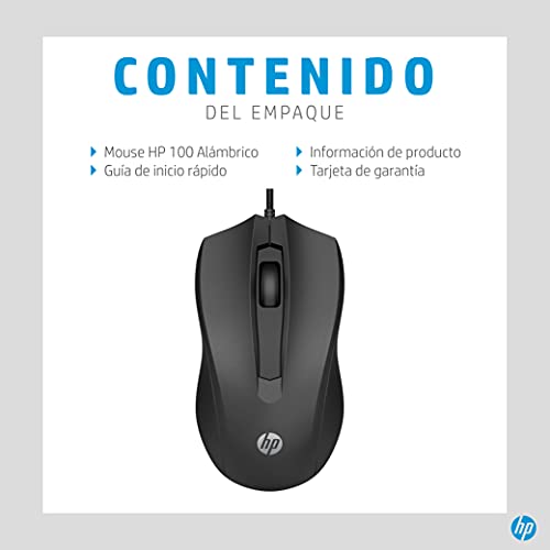 HP Mouse Alámbrico 100, Cable de Conexión USB, Windows/MAC OS, Negro